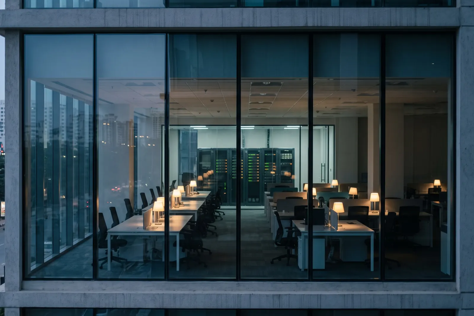 A modern office floor at dusk with lit workstations and a glass-walled server room