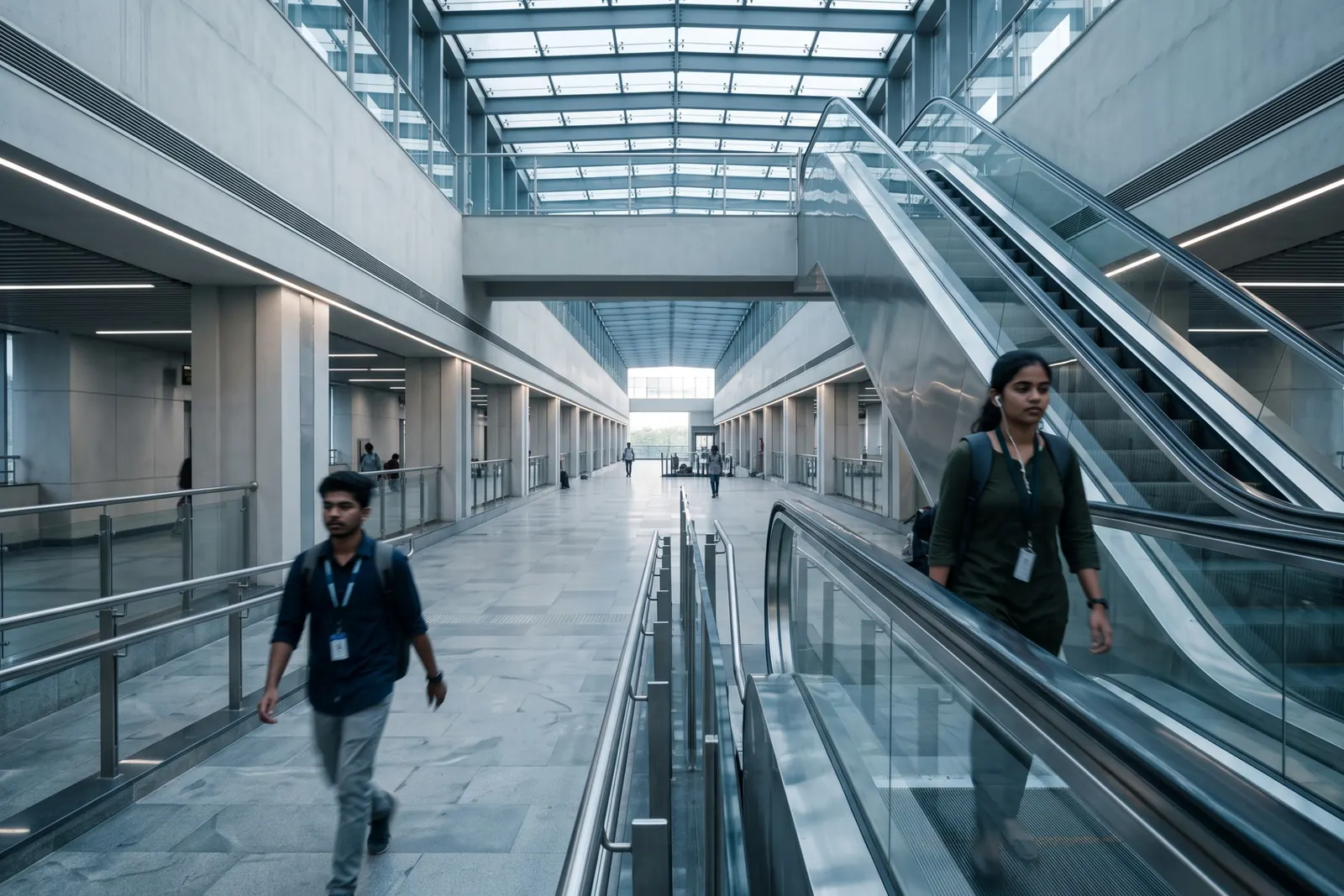 Commuters walking past escalators in a metro station concourse