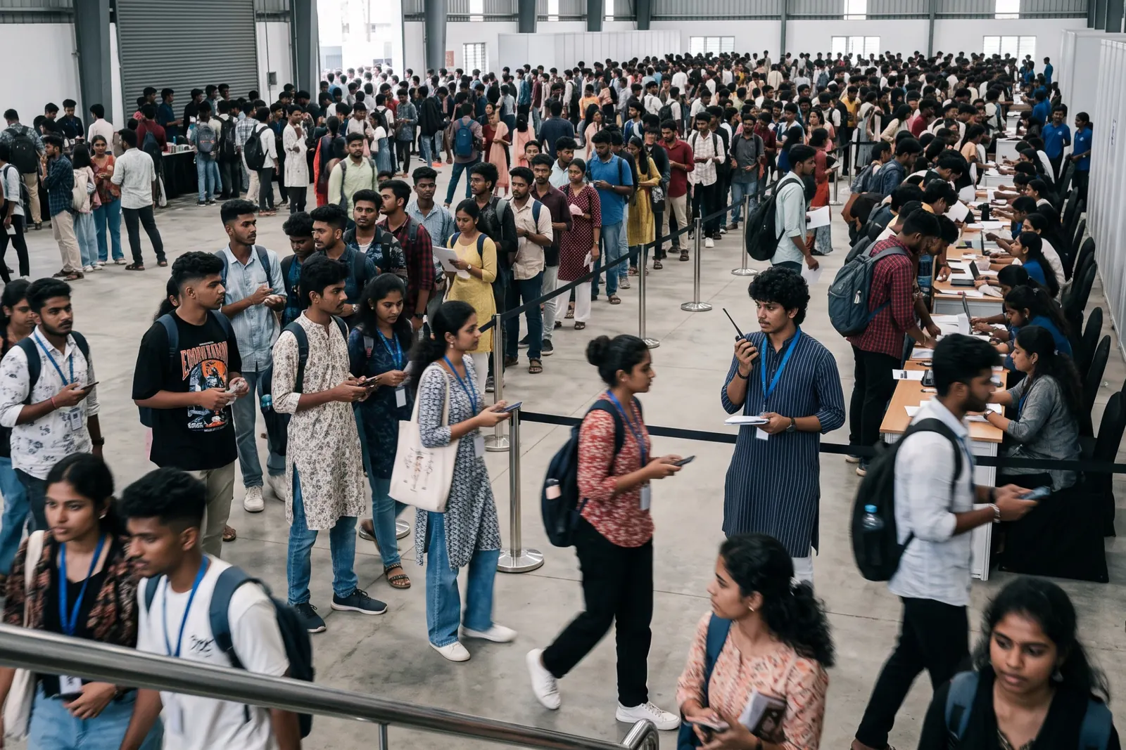 Young people queueing at rows of help desks in a crowded registration hall