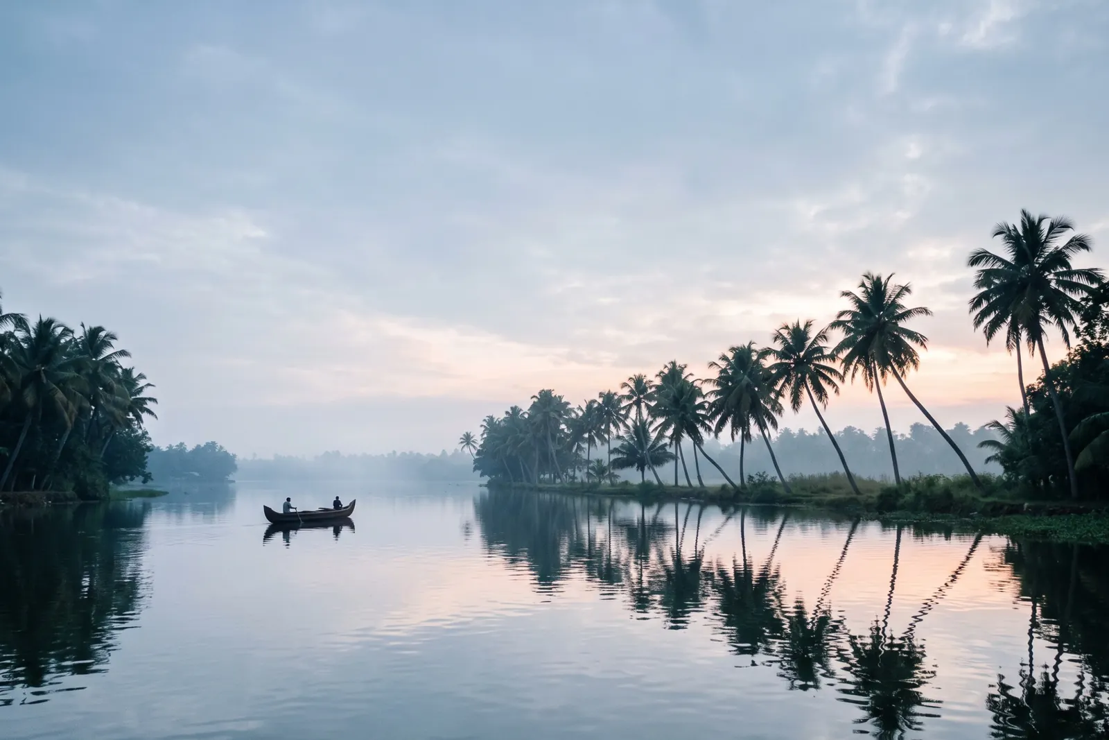 Coconut palms and a country boat on a calm Kerala backwater at dawn