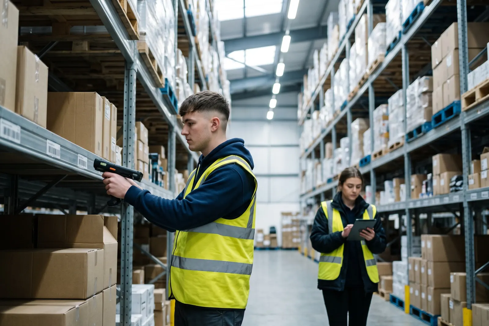 A stocktaker in a high-visibility vest scanning shelves in a warehouse aisle