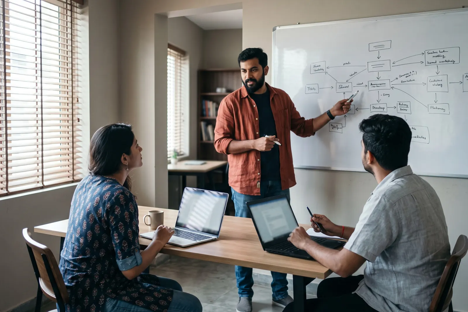 A team in a meeting room while one person maps a system on a whiteboard