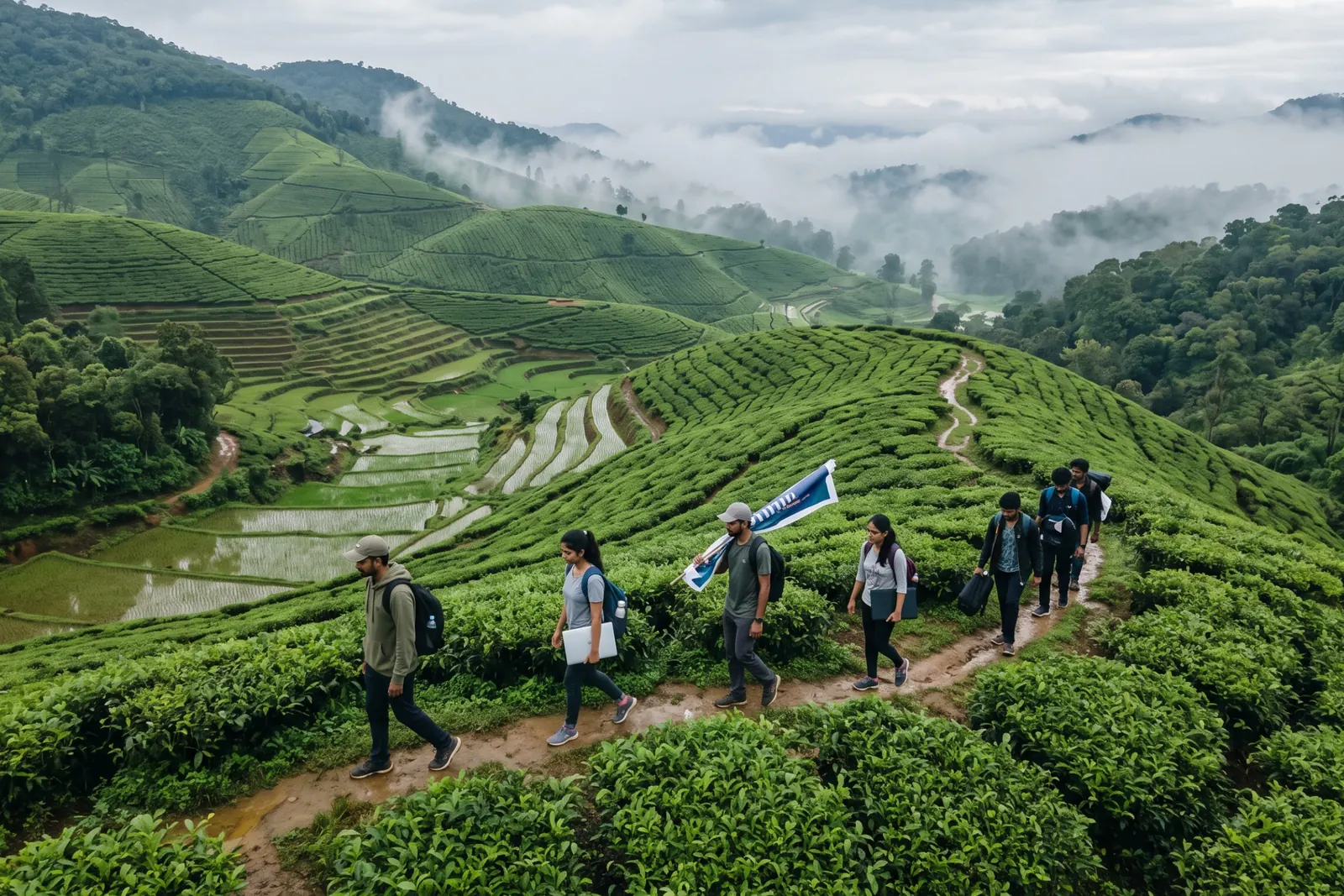 Young people walking a ridge path through terraced tea fields in the hills
